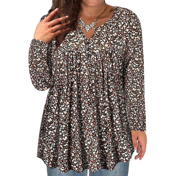 TIYOMI Plus Size Women's Tunic Tops Small Floral Long Sleeve Blouses 2X Buttons Up Henley Blouses Dressy Swing Flowy Shirts Pleated Babydoll Pullover Casual Fall Tunics 2XL 18W 20W
