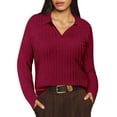 thumbnail image 1 of TIYOMI Plus Size Women's V Neck Polo Shirts Knitted Long Sleeve 2X Tops Wine Red Lapel Collar Work Blouses Basic Solid Pullover Office Tunics Fall Winter Jumper Tops 2XL 18W 20W, 1 of 4