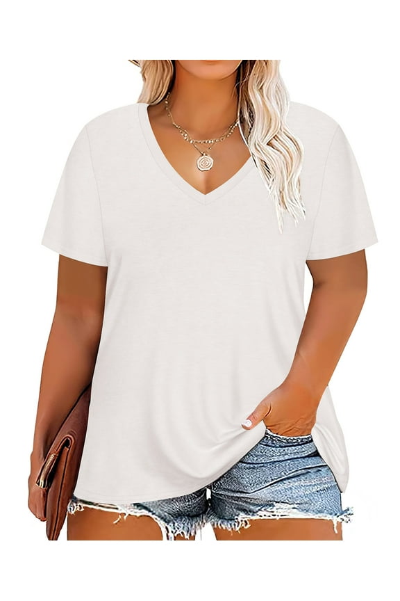 Plus Size Women's White T-shirts 2X V Neck Tops Summer Shirts Short Sleeve Loose Fit Pullover 2XL 18W 20W