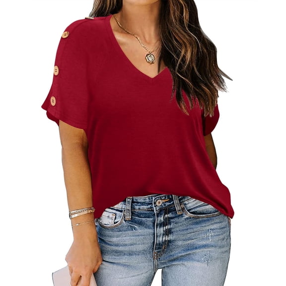 TIYOMI Plus Size Women's Wine Red Shirts 2X V Neck Tops Summer Button Shirts Short Sleeve Pullover 2XL 18W 20W