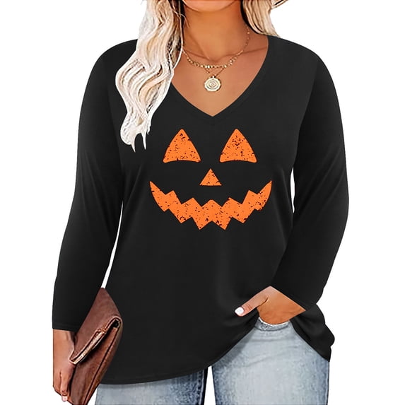 TIYOMI Plus Size Womens 5X Halloween Tops Black Long Sleeve Oversized Ghost Face Tees Loose Fit Shirts Fall Winter Tunic 5XL 26W 28W