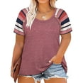 thumbnail image 1 of TIYOMI Plus Size Womens 5X Mauve Tops Rainbow Stripe Sleeve Pullover Pink Raglan Short Sleeve Crewneck Summer Tee Loose Fit Tunic 5XL 26W 28W, 1 of 7