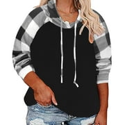 TIYOMI Plus Size Womens 5X Plaid Shirts Long Sleeve Crewneck Hoodies Color Block Drawstring Tees Black Loose Fit Tops Early Spring Fall Winter Pullover 5XL 26W 28W