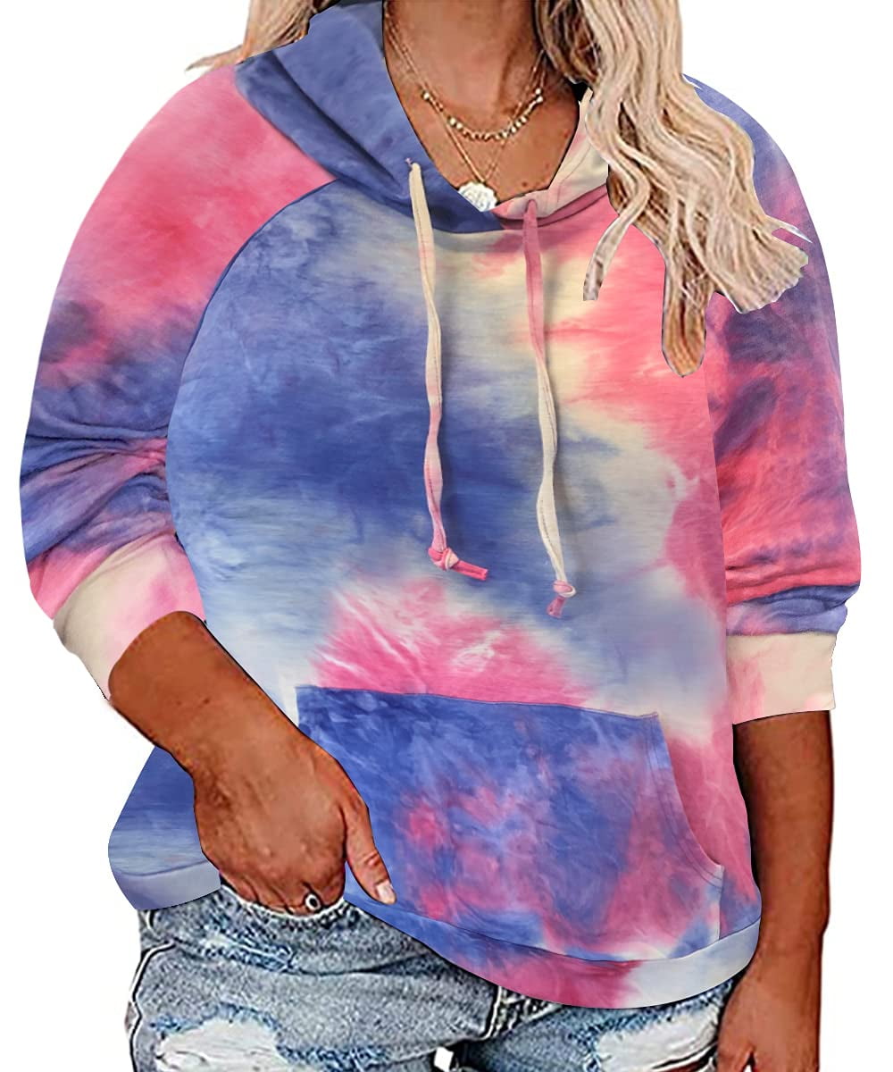 TIYOMI Plus Size Womens 5X Tie Dye Shirts Long Sleeve Crewneck Hoodies Purple Pink Drawstring Tees Loose Fit Tops Early Spring Fall Winter Pullover