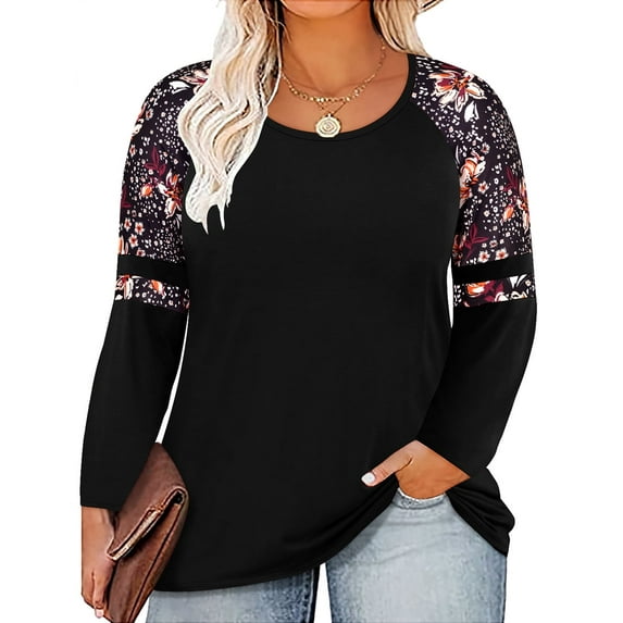TIYOMI Plus Size Womens 5X Tops Black Long Sleeve Crewneck Oversized Color Block Tees Orange Floral Loose Fit Shirts Early Spring Fall Winter Tunic 5XL 26W 28W