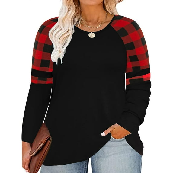 TIYOMI Plus Size Womens 5X Tops Christmas Long Sleeve Crewneck Color Block Oversized Raglan Red Plaid Tees Loose Fit Shirts Early Spring Fall Winter Tunic 5XL 26W 28W