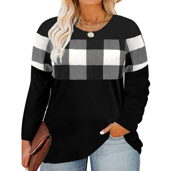 TIYOMI Plus Size Womens 5X Tops Christmas Long Sleeve Crewneck Color Block Oversized White Plaid Tees Loose Fit Shirts Early Spring Fall Winter Tunic 5XL 26W 28W