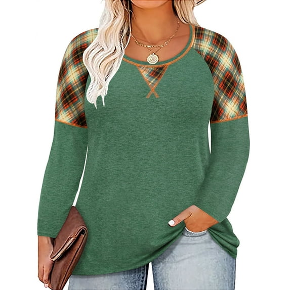 TIYOMI Plus Size Womens 5X Tops Christmas Plaid Long Sleeve Crewneck Oversized Green Color Block Tees Loose Fit Shirts Early Spring Fall Winter Tunic 5XL 26W 28W