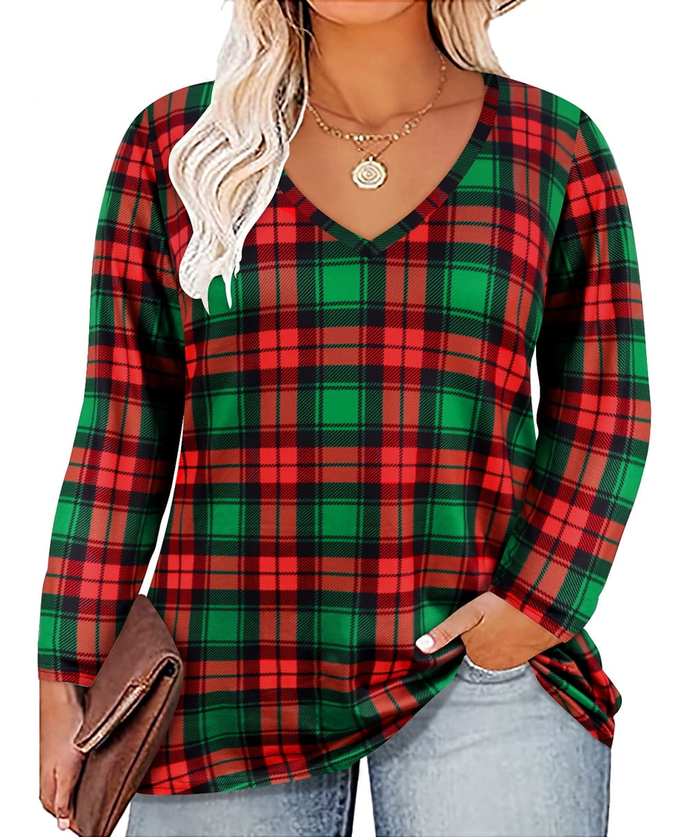 TIYOMI Plus Size Womens 5X Tops Christmas Plaid Long Sleeve Oversized ...