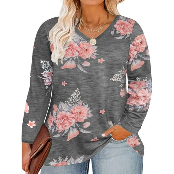 TIYOMI Plus Size Womens 5X Tops Floral Long Sleeve Oversized Grey Tees Loose fit Shirts Fall Winter Tunic 5XL 26W 28W