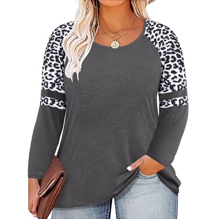 TIYOMI Plus Size Womens 5X Tops Grey Long Sleeve Crewneck Oversized Color Block Tees Leopard Loose Fit Shirts Early Spring Fall Winter Tunic 5XL 26W 28W