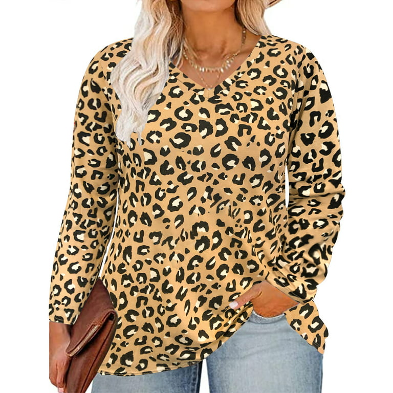 TIYOMI Plus Size Womens 5X Tops Leopard Long Sleeve Oversized Cheetah Tees  Loose fit Shirts Fall Winter Tunic 5XL 26W 28W 