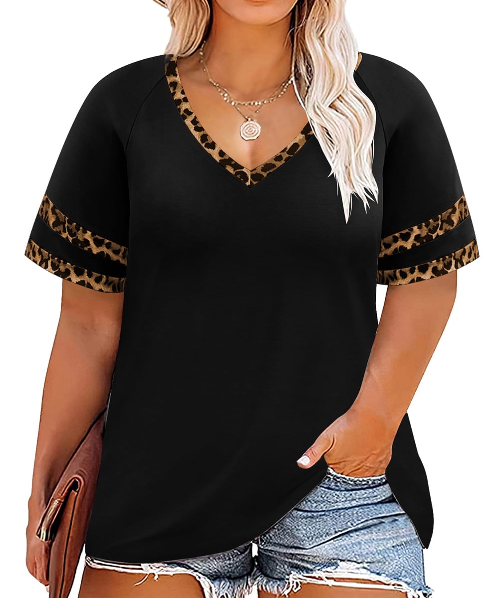 MONNURO Plus Size Summer Tops - Short Sleeve Striped Color Block Shirt, Loose Fit Tunic (Black/Gray, 5X) - View #3