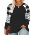 thumbnail image 1 of TIYOMI Plus Size Womens 5X Tops Plaid Striped Long Sleeve Crewneck Oversized Color Block Tees Black Loose Fit Shirts Early Spring Fall Winter Tunic 5XL 26W 28W, 1 of 5
