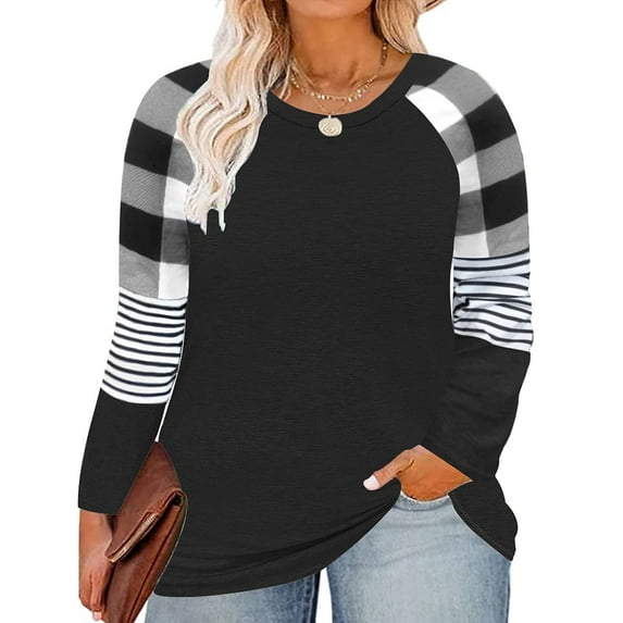 TIYOMI Plus Size Womens 5X Tops Plaid Striped Long Sleeve Crewneck Oversized Color Block Tees Black Loose Fit Shirts Early Spring Fall Winter Tunic 5XL 26W 28W