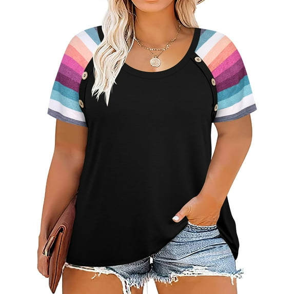 TIYOMI Plus Size Womens 5X Tops Rainbow Stripe Sleeve Pullover Raglan Short Sleeve Crewneck Summer Black Tee Loose Fit Tunic 5XL 26W 28W