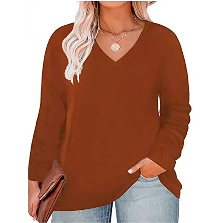 TIYOMI Plus Size Womens 5X Tops Solid Color Long Sleeve Oversized Caramel  Tees Loose fit Shirts Fall Winter Tunic 5XL 26W 28W 