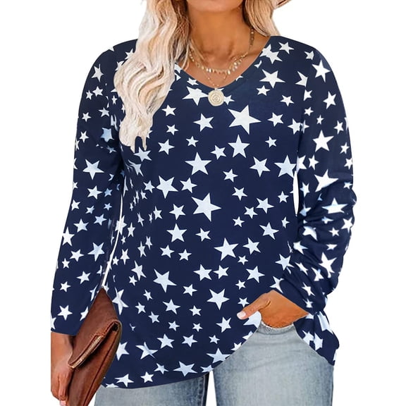TIYOMI Plus Size Womens 5X Tops Star Long Sleeve Oversized Navy Blue Tees Loose fit Shirts Fall Winter Tunic 5XL 26W 28W