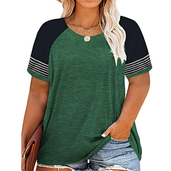 TIYOMI Plus Size Womens 5X Tops Stripe Sleeve Raglan Short Sleeve Crewneck Summer Green Tees Color Block Shirts Loose Tunic 5XL 26W 28W