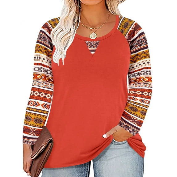 TIYOMI Plus Size Womens 5X Tops Totem Long Sleeve Crewneck Oversized Western Aztec Print Color Block Tees Brown Loose Fit Shirts Early Spring Fall Winter Tunic 5XL 26W 28W