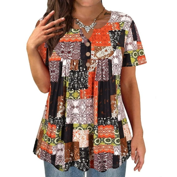 TIYOMI Plus Size Womens Tops 4X Patchwork Floral Tops Henley Blouses Summer Short Sleeve Mixed Floral Tunics Dressy Casual Tunics 4XL 24W 26W