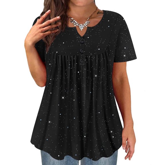 TIYOMI Plus Size Womens Tops 4X Sequin Tops Henley Blouses Black Summer Short Sleeve Sparkly Tunics Shinning Dressy Casual Tunics 4XL 24W 26W