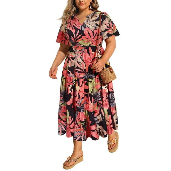 TIYOMI Women Plus Size Dress Boho V Neck Short Sleeve Beach Dress Black Leaves Ruffle Dress Flowy Pleated Maxi Dresses Floral Print Dress Wedding Guest Dresses for Women 3XL 22W 24W