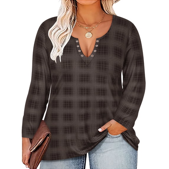 TIYOMI Women Plus Size Tops Long Sleeve V Neck Eyelet Sexy Shirt Grey Plaid Shirts Fall Autumn Winter Casual Loose Fit Tunic Tops XL 14W 16W