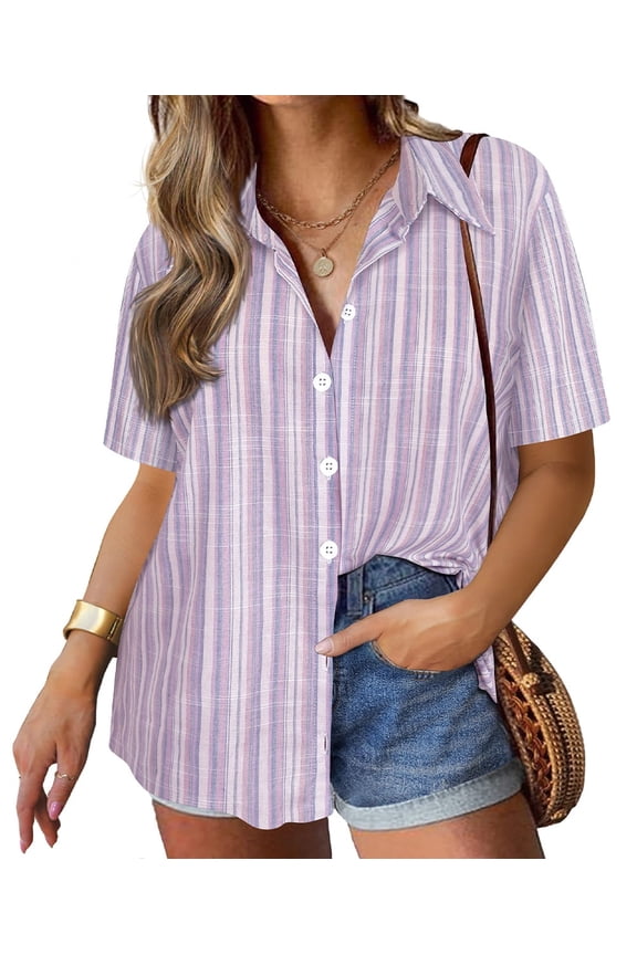 Women's Blouses Button Down Shirts 4x Button up Blouse Purple Stripe Short Sleeve Collared Tops Colorful Tee Summer Loose Fit Blouses 4XL 24W 26W