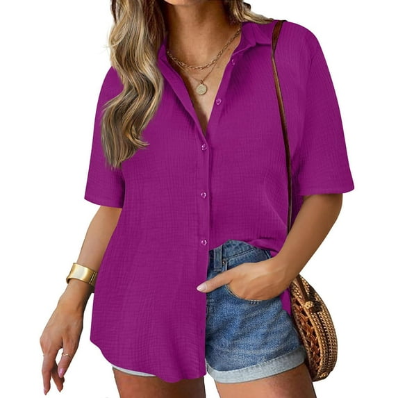 TIYOMI Women's Button Down Shirts Plus Size 5X Short Sleeve Purple Shirts V Neck Collared Tops Cotton & linen Shirts Summer Loose Fit Blouses 5XL 26W 28W