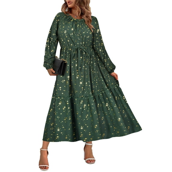 TIYOMI Women's Fall Maxi Dress Plus Size 5x Green Long Sleeve Sequin V Neck Golden Star Dress Flowy Cocktail Party Dresses for Curvy Women Maxi Fall Spring Formal Dresses 5XL 28W