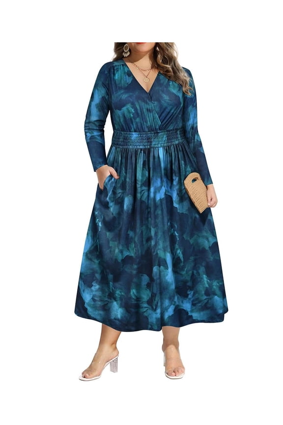 Women's Fall Maxi Dress Plus Size 5x Teal Blue Pattern Long Sleeve V Neck Adjustable Drawstring Dress Flowy Party Dresses for Curvy Women Maxi Fall Spring Formal Dresses 5XL 28W