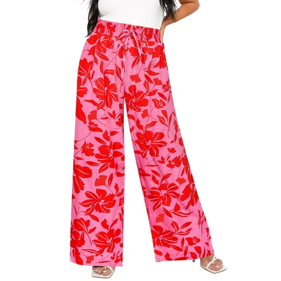 TIYOMI Women's Floral Pants Plus Size 4X Hawaiian Wide Leg Hot Pink Flower High Waisted Pants Drawstring Casual Pants Summer Lounge Pants With Pockets Dressy Casual Hawaiian Pants 4XL 26W