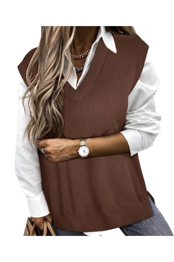 Women's Plus Size 3X Brown Sweater Vest Sleeveless Tops V Veck Knitted Pullover Fall Winter Ribbed Tank Tops Cable Knit Vest 3XL 22W 24W