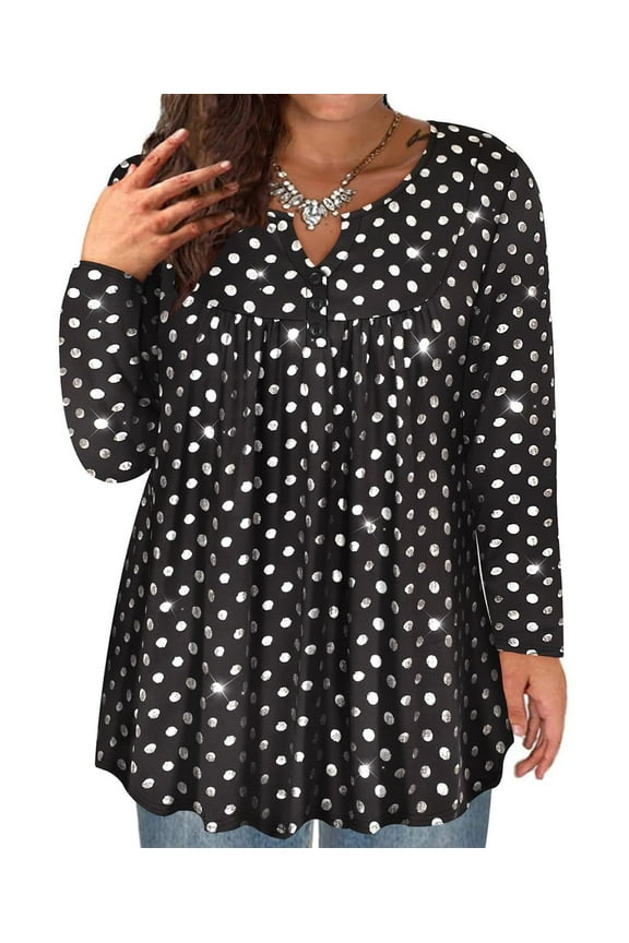 Women's Plus Size 3X Tops Swing Flowy Long Sleeve Tunics Pleated Sequin Polka Dots Blouse Henley Shirts Babydoll Pullover Loose Fit Tee Autumn Tunics 3XL 22W 24W
