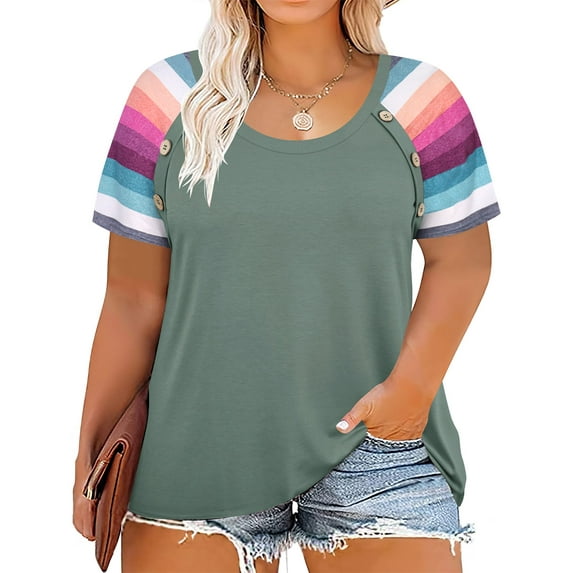 TIYOMI Women's Plus Size 4X Rainbow Stripe Sleeve Raglan Tunic Short Sleeve Green Crewneck Shirt Casual Tops Summer Blouses 4XL 24W 26W