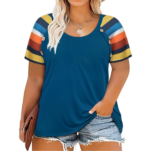 TIYOMI Women's Plus Size 4X Rainbow Stripe Sleeve Raglan Tunic Short Sleeve Teal Blue Crewneck Shirt Casual Tops Summer Blouses 4XL 24W 26W