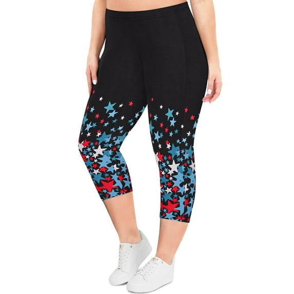 TIYOMI Women's Plus Size American Star Capris 3X Knee-Length Leggings Stretchy Capri 4th of July Casual Butt Fit Leggings High Waist Wear Out Capri 3XL 22W 24W
