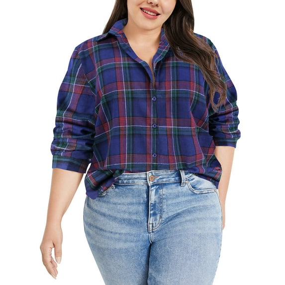 TIYOMI Women's Plus Size Blouses Deep Blue Plaid Blouses Long Sleeve Check Gingham 3X Button Down Collar Shirts Loose Fit Autumn Winter Tunics 3XL 22W 24W