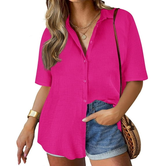 TIYOMI Women's Plus Size Cotton Shirts Tops Collared Pink Short Sleeve 3X Button Down Solid Casual Shirts Loose Fit Summer Blouses 3XL 22W 24W