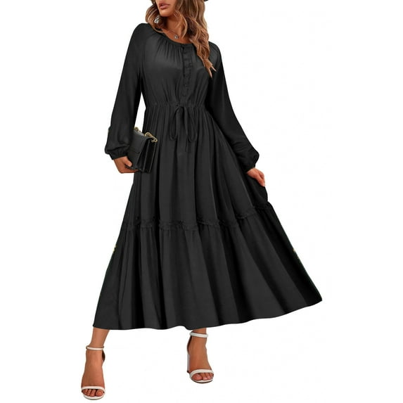TIYOMI Women's Plus Size Dress Fall Long Sleeve V Neck Black Maxi Dress Solid Casual Flowy Spring Autumn Dresses With Pockets Christmas Long Dresses XL 14W 16W