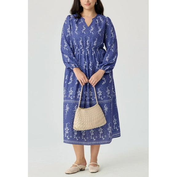 TIYOMI Women's Plus Size Dress Fall Long Sleeve V Neck Maxi Dress Blue Floral Casual Flowy Spring Autumn Dresses With Pockets Long Dresses XL 14W 16W