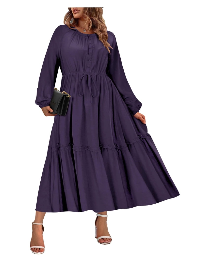 TIYOMI Women's Plus Size Dress Fall Long Sleeve V Neck Navy Blue Maxi Dress  Solid Casual Flowy Spring Autumn Dresses With Pockets Christmas Long Dresses  XL 14W 16W - Walmart.com