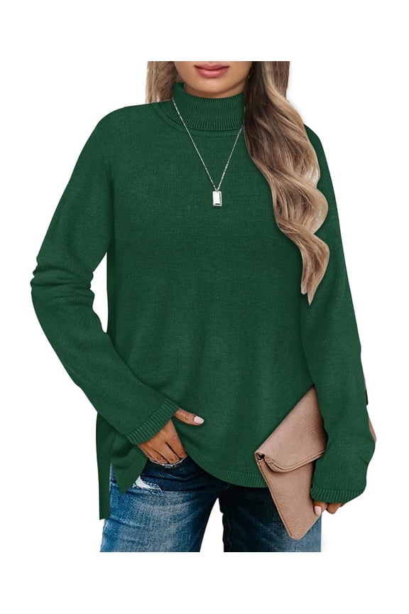Women's Plus Size Green Tops Long Sleeve 3X Knitted Sweaters Turtleneck Shirts High Neck Tops Knitting Basic Solid Color Casual Warm Pullover Fall Winter Jumper Tops 3XL 22W 24W