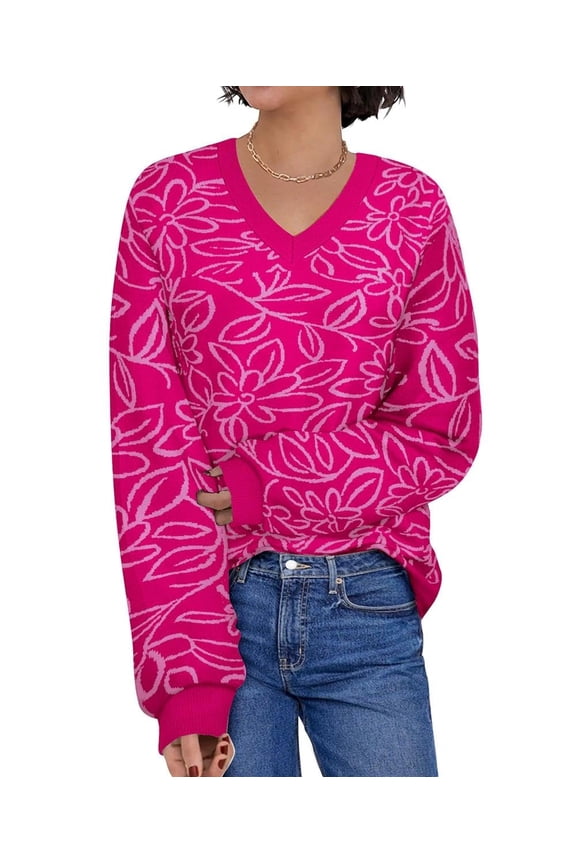 Women's Plus Size Hot Pink Tops Long Sleeve 3X Knitted Sweaters V Neck Sweaters Chunky Tops Knitting Floral Sweater Casual Warm Pullover Fall Winter Jumper Tops 3XL 22W 24W