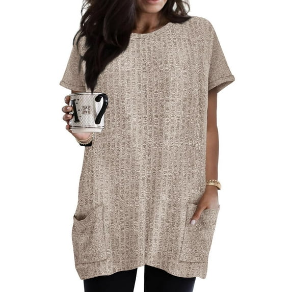 TIYOMI Women's Plus Size Khaki Tops 3X Summer Short Sleeve Knitting Tops Crewneck Shirts Pocket Knitted Sweaters Pullover Solid Basic Casual T-Shirt Loose Fit Summer Tee 3XL 22W 24W