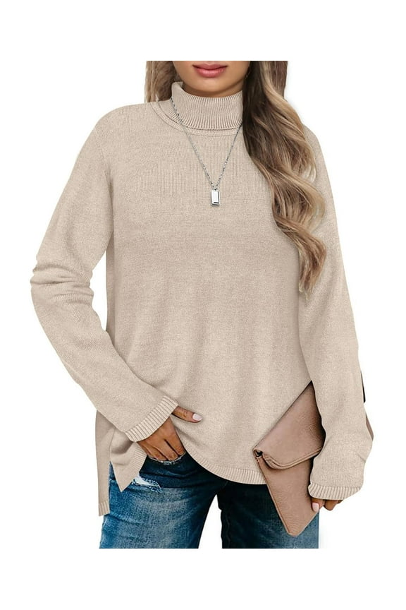 Women's Plus Size Khaki Tops Long Sleeve 3X Knitted Sweaters Turtleneck Shirts High Neck Tops Knitting Basic Solid Color Casual Warm Pullover Fall Winter Jumper Tops 3XL 22W 24W