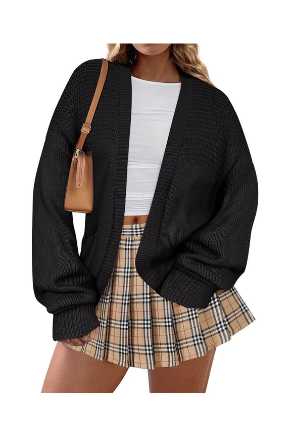 Women's Plus Size Knitting Cardigan 3X Sweaters Black Chunky Cardigan With Pocket Lantern Sleeve Casual Outwear Fall Winter Sweaters 3XL 22W 24W