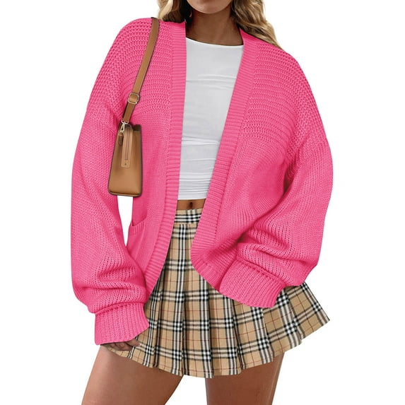 TIYOMI Women's Plus Size Knitting Cardigan Lantern Sleeve 3X Sweaters Hot Pink Chunky Cardigan With Pocket Casual Outwear Fall Winter Sweaters 3XL 22W 24W