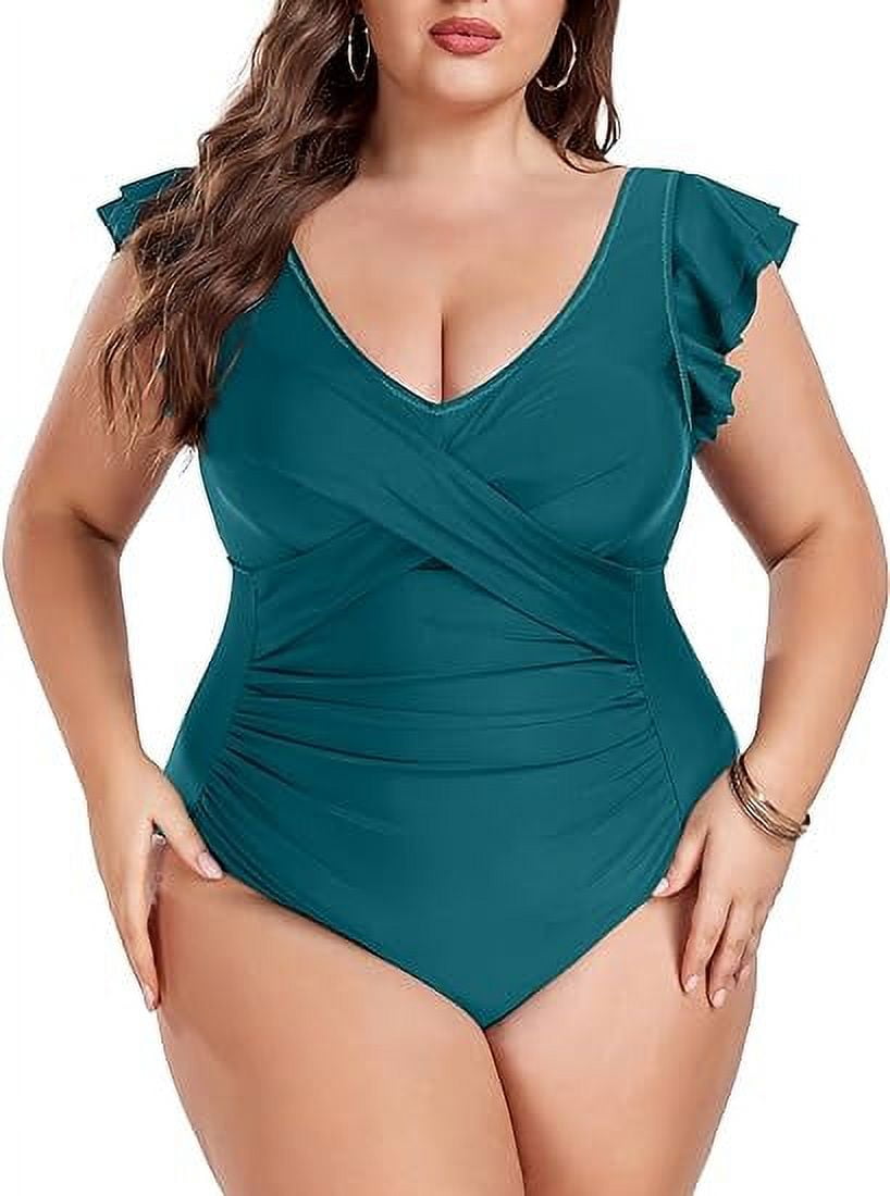 TIYOMI Women s Plus Size One Piece Swimsuit 3X Peacock Blue Ruffled Deep V Neck Swimwear Tummy Control Bathing Suits 3XL 22W 24W